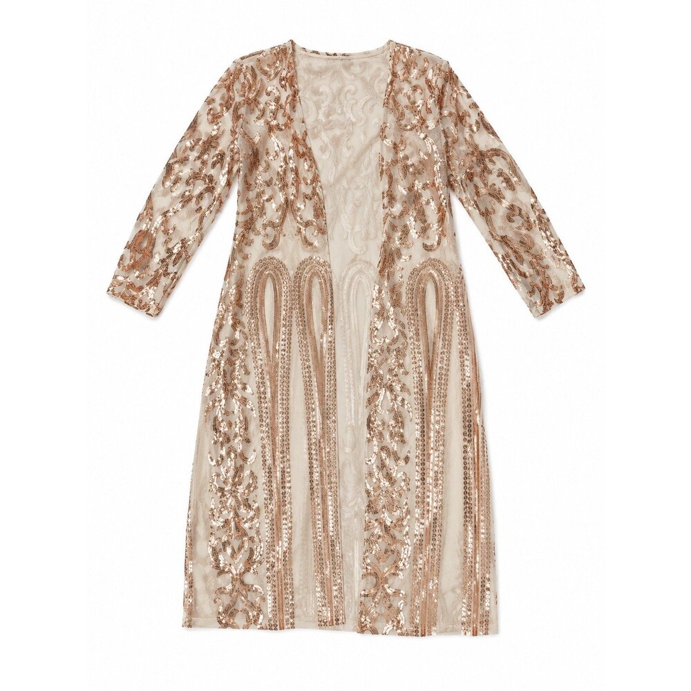 Boutique Small Champagne & Rose Gold Sequin Long Duster Kimono | Open Front